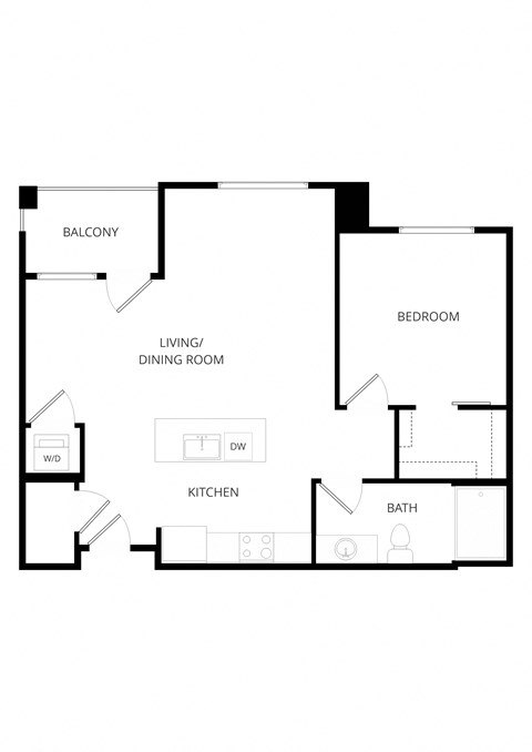 Floor plan for 1 bed, 1 bath, 761 sqft